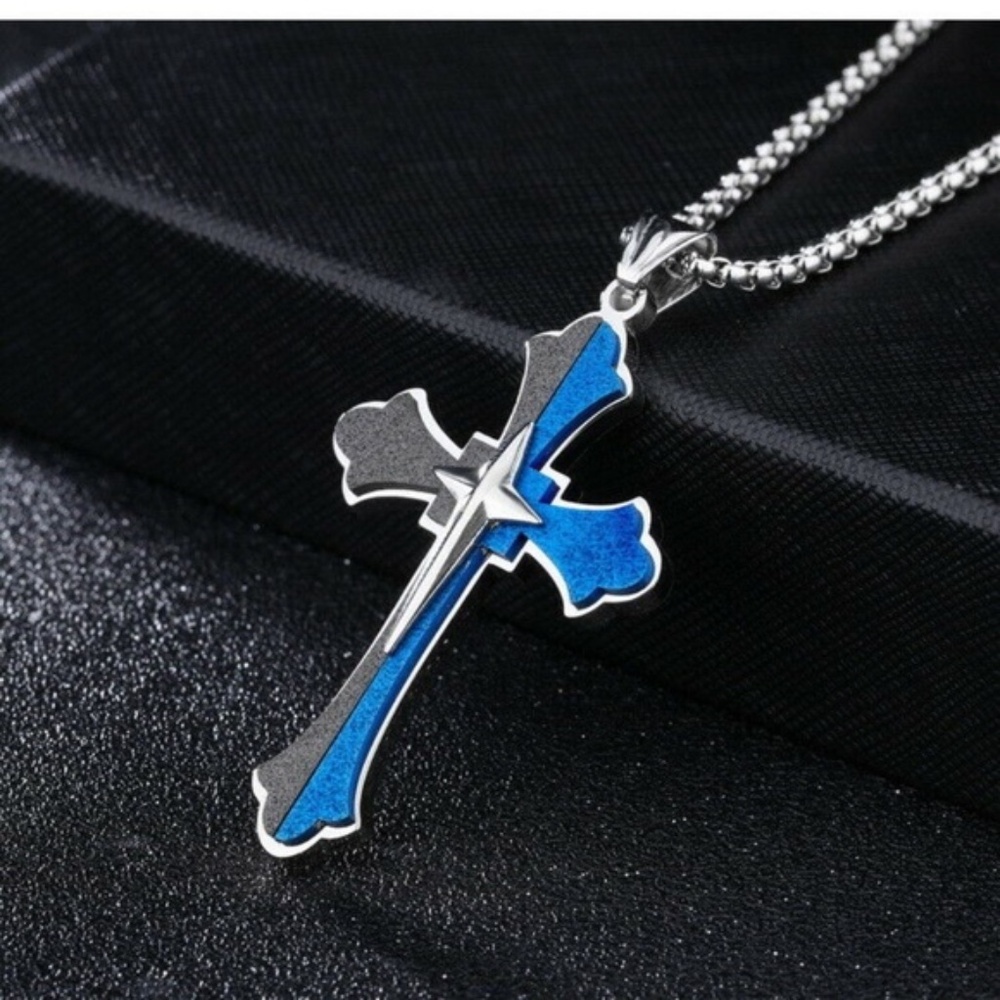 Mens Sliver‎ Cross Pendant Necklace Stainless Steel Titanium Blue Black 24"